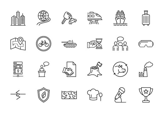 Universal line icon set. Vector pictograms of cityscape, global routes, transport, travel, data security, nature, industry, communication, and awards, thin linear illustration.