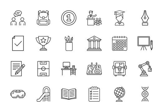 Education, science, and technology line icon set. Vector pictograms of DNA, VR headset, robotic arm, 3D printer, graduate, trophy, book, and globe, thin linear illustration. - Powered by Adobe