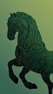 Celtic knotwork horse silhouette on a green gradient background, intricate graphic design