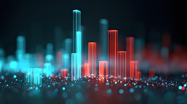Abstract glowing bar graph futuristic digital cityscape with red and blue columns suitable for data visualization or technology background