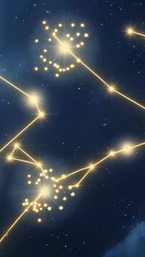 Vertical video: Opening pulsing star clusters linking stars into gold constellation in navy sky