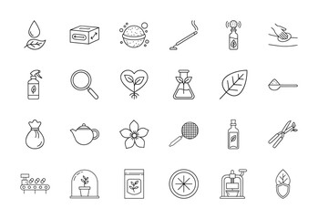 Natural products line icon set. Vector pictograms depicting water drop, leaf, recycle box, bath bomb, incense, spray, plant, flower, oil, shears, seed, and press, thin linear illustration.