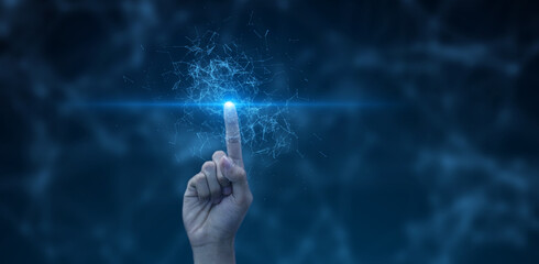 Futuristic digital hand touching glowing blue light with abstract network connections symbolizing innovation, data interaction, artificial intelligence, and modern technology concept.