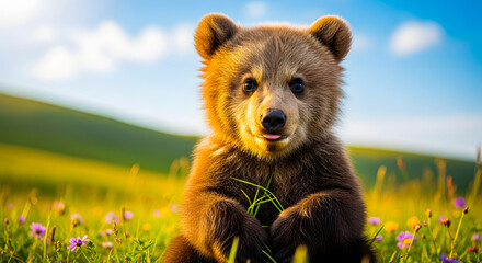 Fototapeta premium A bear cub sits in a lush green meadow with flowers, looking directly at the camera, surrounded by nature and vibrant colors.
