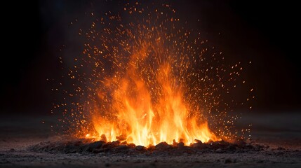 A vivid and intense fire ablaze with countless bright orange sparks erupting against a dark background