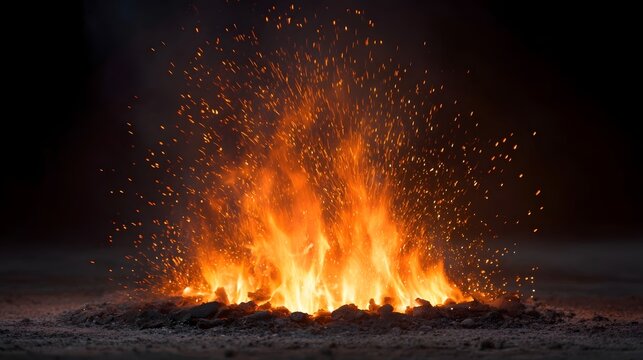 A vivid and intense fire ablaze with countless bright orange sparks erupting against a dark background