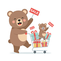 Vector illustration of cute bears with shopping cart full of gifts and sale signs