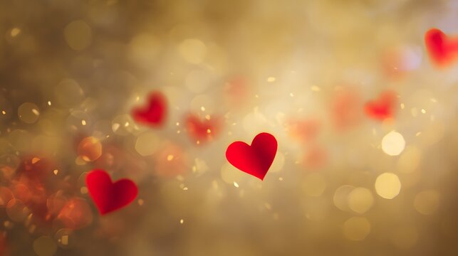 Romantic Valentine’s Day background with floating hearts and warm golden bokeh lights evokes intimate love - Powered by Adobe