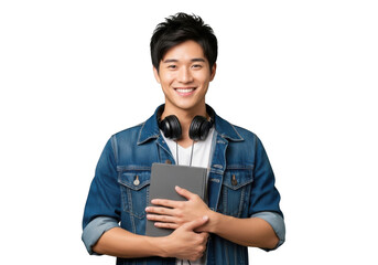 Young asian man holding a tablet with headphones isolated on transparent background