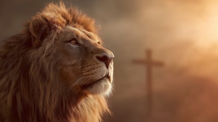 Fototapeta premium Majestic lion gazes towards the sky near a cross at sunset in a serene landscape