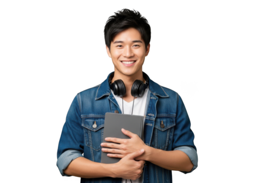 Young asian man holding a tablet with headphones isolated on transparent background