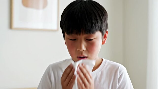 Unwell little asian boy with a seasonal allergy sneezing into a tissue, suffering from rhinitis, hay fever, or a common cold and looking at the camera with a red face at home
