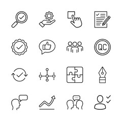 Business and quality assurance line icon set. Vector pictograms of magnifier, gear, document, badge, feedback, users, QC, puzzle, graph, and collaboration, thin linear illustration.