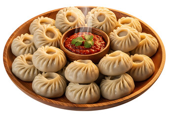 Steaming momos with sauce on wood plate on transparent background
