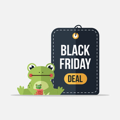 Vector illustration of cute frog sitting next to a black friday deal tag