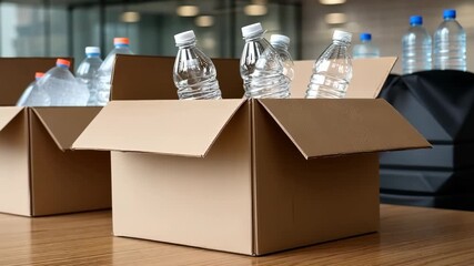 Packing water bottles in cardboard boxes for a community event to promote hydration and sustainability at a local center
