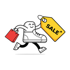 Vector illustration of running shoe character with shopping bag and sale tag