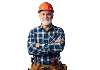 Smiling construction worker with hard hat and tool belt isolated on transparent background
