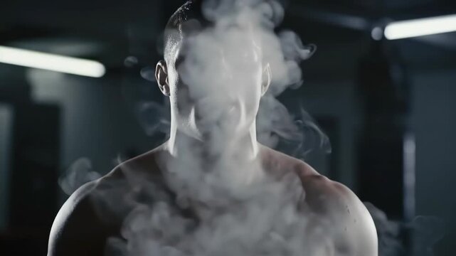 Bare-chested man exhaling vapor in a gym. Could be used for health, lifestyle, or exercise imagery