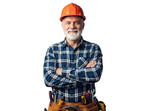 Smiling construction worker with hard hat and tool belt isolated on transparent background