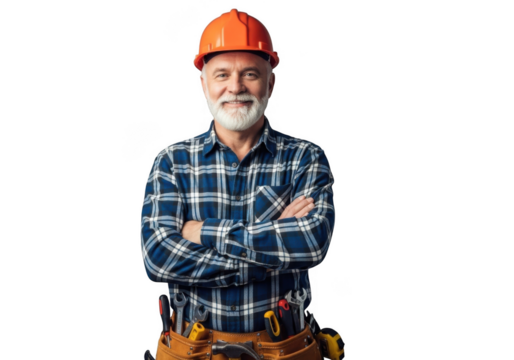 Smiling construction worker with hard hat and tool belt isolated on transparent background