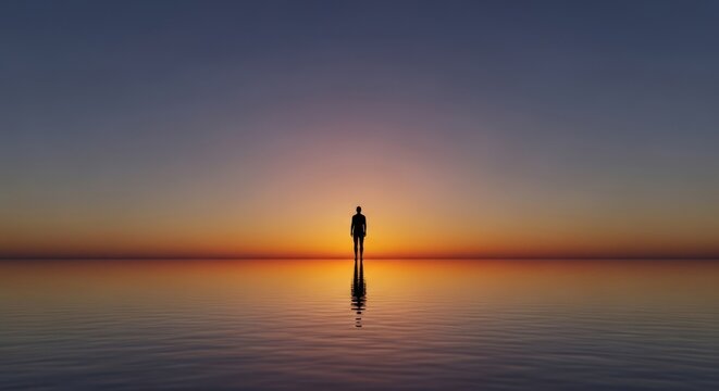 Solitary figure silhouetted against a vibrant sunset reflecting on a calm expansive body of water