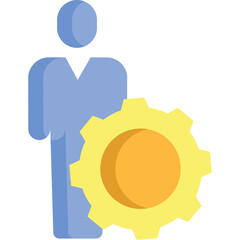 Blue Humanoid Silhouette Standing Next To A Bright Yellow Cogwheel Gear With A Transparent Background Representing Productivity And Mechanical Engineering Concepts