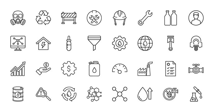 Industrial and chemical line icon set. Vector pictograms of a gas mask, recycle symbol, hard hat, factory, oil barrel, chemical structure, checklist, and a valve, thin linear illustration.