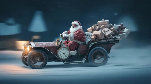 Santa Claus driving vintage car loaded with Christmas gifts in snowy night, festive holiday winter adventure scene