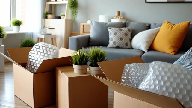 Moving into a new apartment with packed boxes and fresh decor in a sunny living room