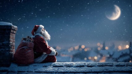 Santa Claus sitting on snowy rooftop beside chimney under crescent moon during quiet winter night before Christmas - Powered by Adobe