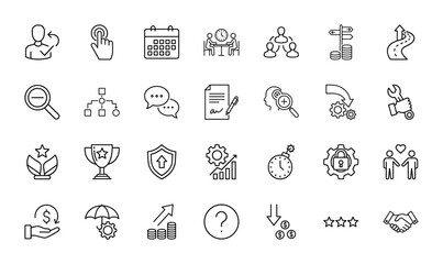 Business management line icon set. Vector pictograms of user profile, calendar, meeting, teamwork, strategy, growth, document, money, security, and handshake, thin linear illustration.