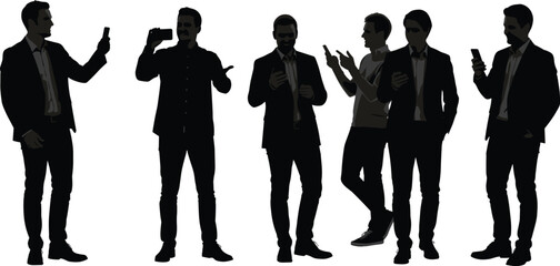 Business men silhouettes using smartphones, modern male figures standing and texting, digital communication concept, professional lifestyle illustration design