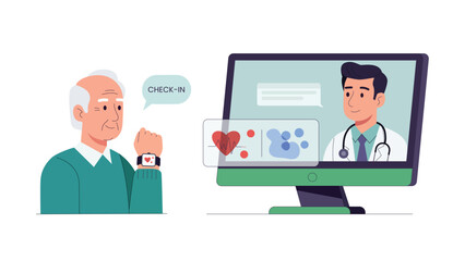 Vector illustration of elderly man using smartwatch for remote doctor consultation