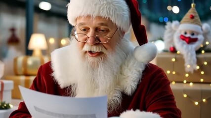Santa reads letters from children while preparing for Christmas in a festive workshop filled with decorations and gifts