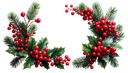 Christmas Decoration Elements: A festive composition of vibrant red holly berries, lush green holly leaves, and evergreen boughs, arranged in a visually appealing display.