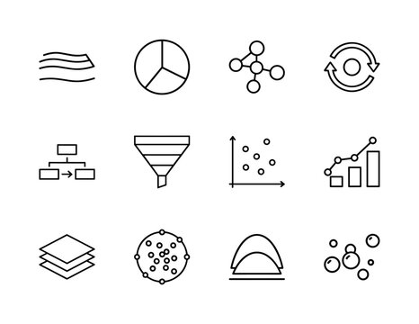 Data analysis and business line icon set. Vector pictograms of pie chart, network, recycle, flowchart, funnel, scatter, graph, and layers, thin linear illustration.