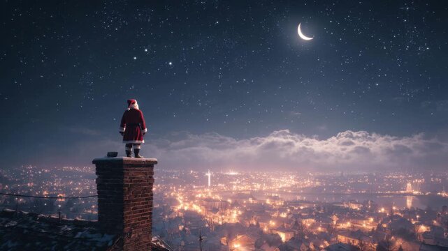 Santa Claus standing on rooftop chimney watching crescent moon and glowing winter city lights under starry Christmas sky