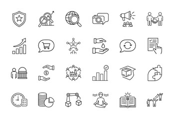 Business line icon set. Vector pictograms of security shield, financial growth, global search, marketing megaphone, teamwork, e-commerce, automation, and innovation, thin linear illustration.