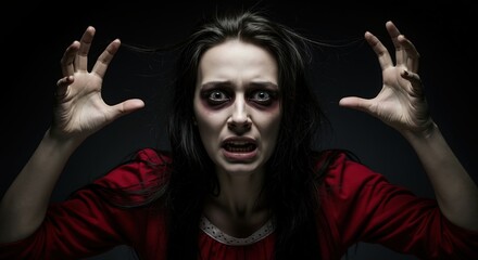 Terrified woman screaming in horror with a crazed expression. Portrait of a person suffering from madness or demonic possession. Mental illness concept