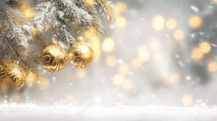 Festive Christmas background of golden ornaments snow fir branches warm lights bokeh cozy winter ambiance