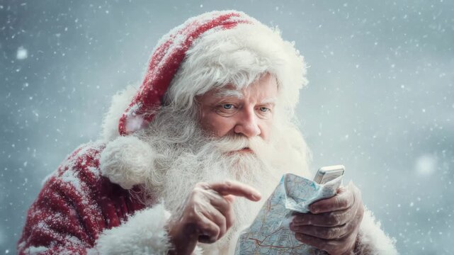 Santa Claus checking route on smartphone and paper map during snowfall, winter travel navigation Christmas concept