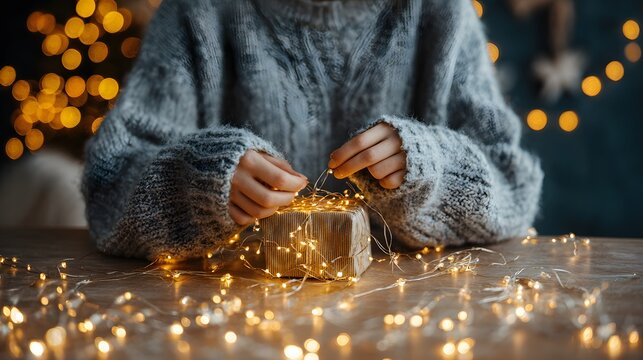 gift wrapping scene with hands tying ribbon on present, cozy background lights  - Powered by Adobe