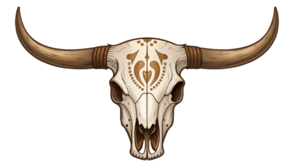 Cow or bull skull with brown markings and large horns, front view. Isolated on transparent background, png