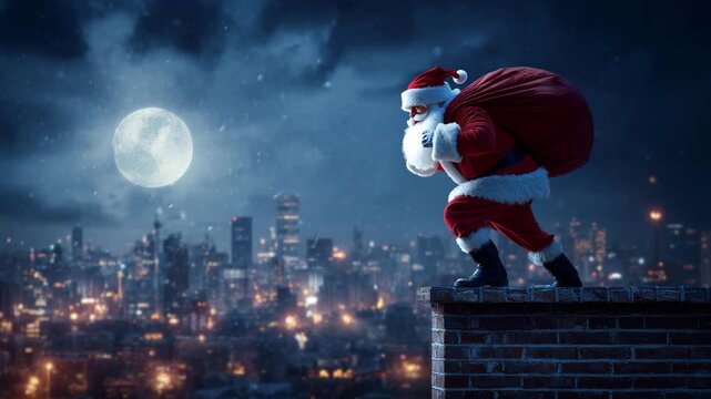 Santa Claus carrying big red bag of gifts on rooftop under full moon, magical Christmas Eve city night scene