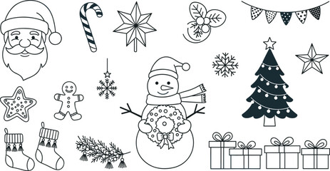 Christmas icon set with Santa Claus, snowman, tree, candy cane, gifts, stockings, wreath, snowflake, and festive decoration illustration