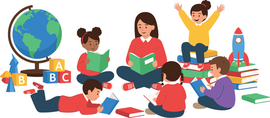 Children Reading with Teacher – Educational Learning and Classroom Activity Illustration