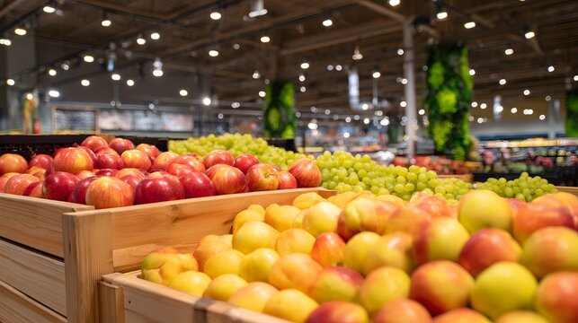 Vibrant fruit assortment brightens a supermarket produce display fresh apples oranges grapes peaches