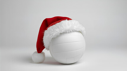 white volleyball for christmas with a red santa claus hat on white background, ai