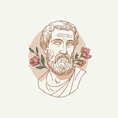 A Minimalist Monoline Logo Design Illustration of a Greek Philosopher Bust in a Semi-Realistic Engraving Style, a Classical Art and Philosophy Line Art Socrates, Plato, Aristoteles